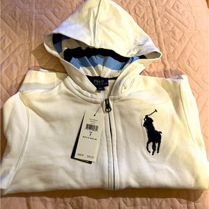 All white with blue Polo horse with white baby blue dark blue stripes in hoodie